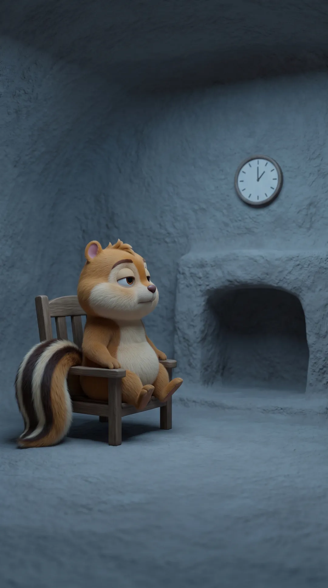 Without her: the living room by the fireplace