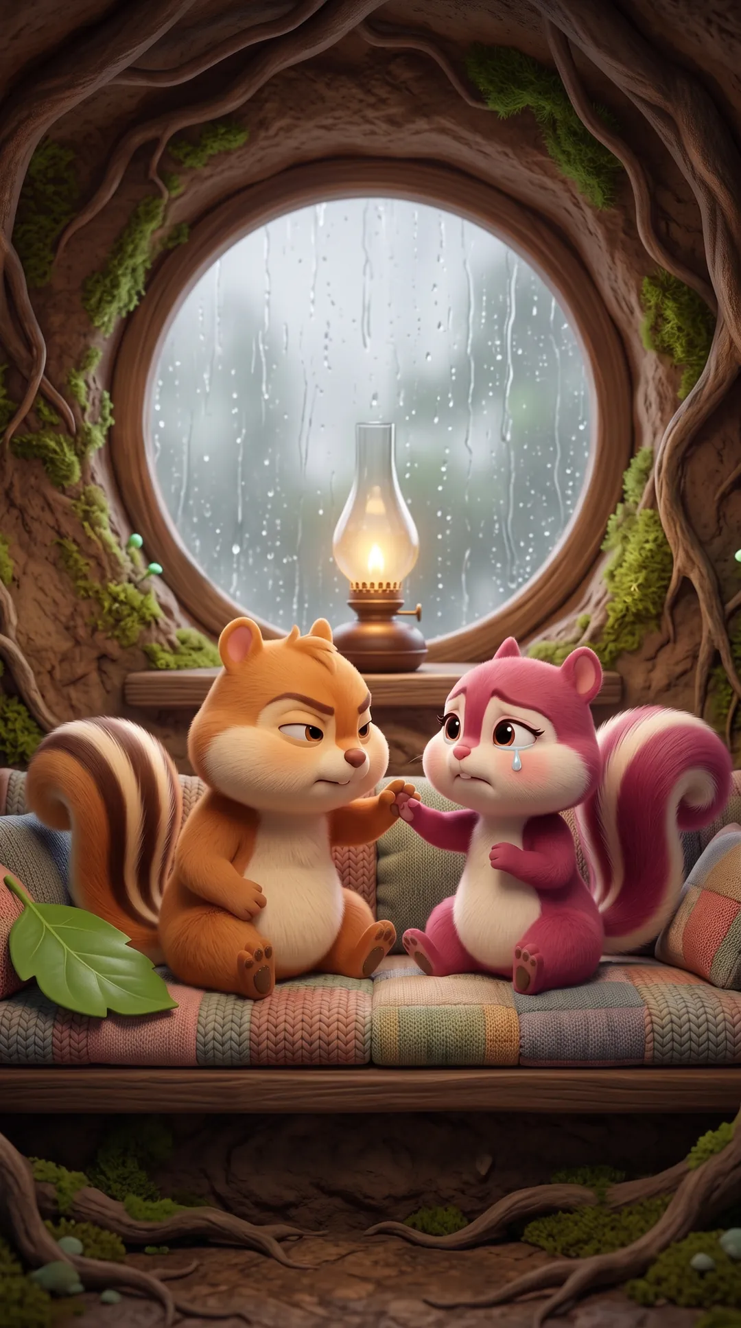 Pecan and Berry on a bench by the window with an oil lamp