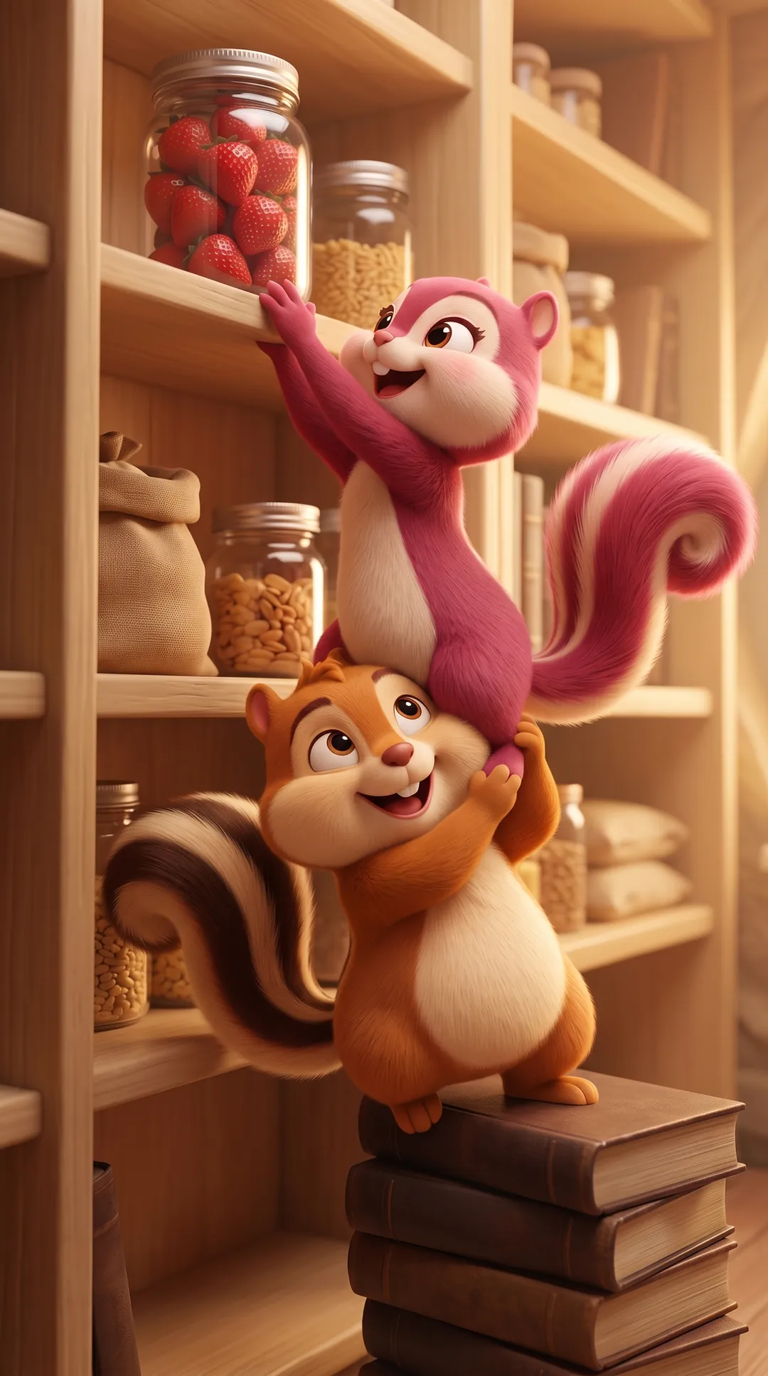 Berry standing on Pecan’s shoulders to reach the top shelf