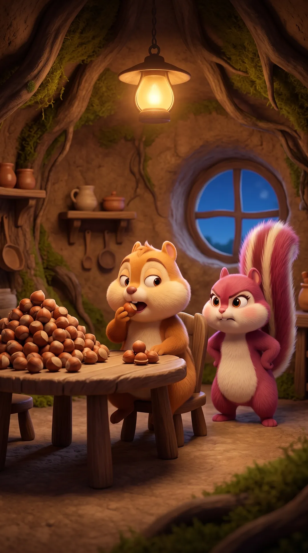 Berry next to a table piled with nuts
